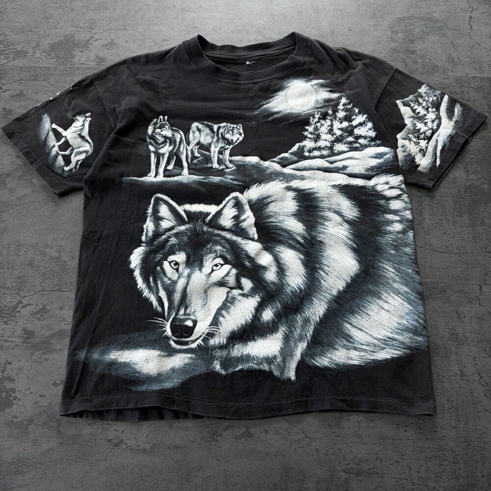 Vintage 90's Nancy Blauer Art Print Nature Wolf Pack Black Tee Double Sided XL
